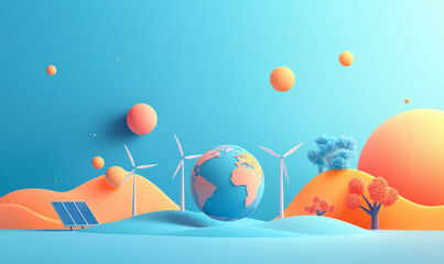Colorful illustration of a sustainable landscape featuring wind turbines, solar panels, and a stylized globe.