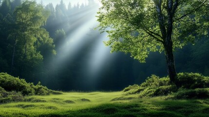 Sunlight streaming through trees in a serene forest clearing during early morning