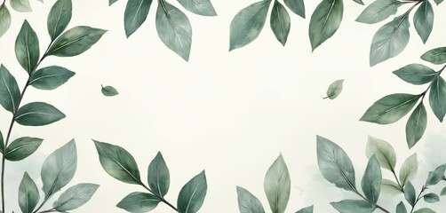 Fototapeta premium Watercolor painting of sage leaves on branches against pale gray background. Plants art illustration with soft appearance, seamless border pattern. Frame of calm herbal garden plants, nature