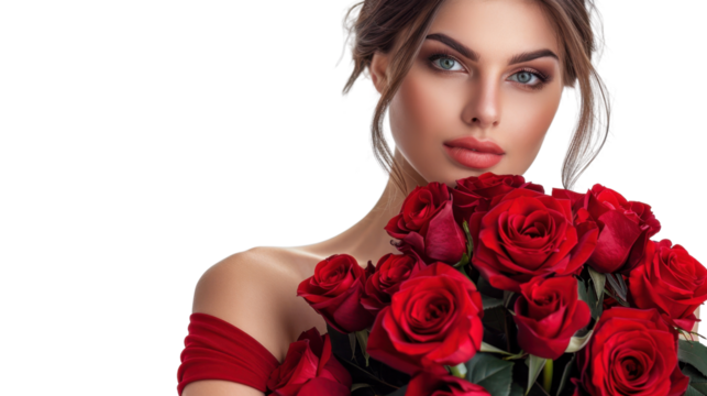 Beautiful woman holding bouquet of red roses on transparent background