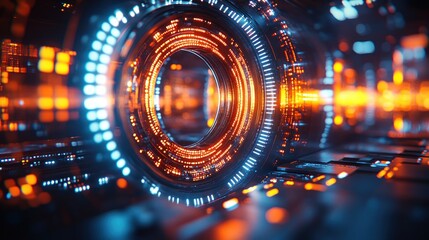 Obraz premium Futuristic tunnel with glowing circular interface