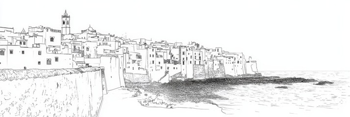 Coastal Cityscape Line Art Sketch - Picturesque coastal city, tranquil ocean, ancient architecture, serene atmosphere, coastal charm