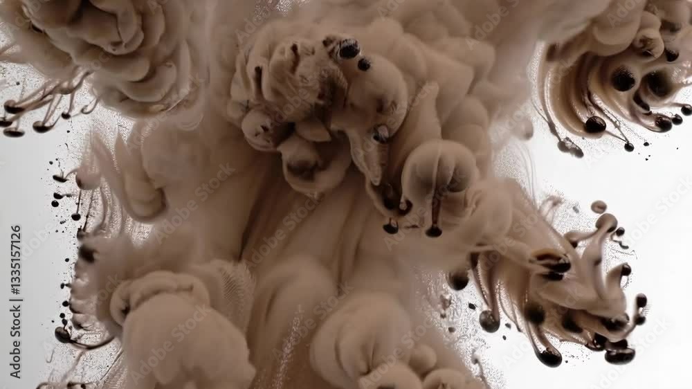 Poster Swirling clouds of black ink underwater creating abstract patterns in beige tones