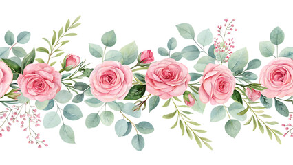 Watercolor pink flowers and leaves seamless border illustration isolated on white background PNG .AI Generated 