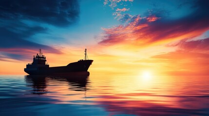 Obraz premium A silhouetted cargo ship floats on calm waters during a vibrant sunset, providing a serene maritime scene perfect for travel, shipping, or environmental themes in brochures or websites,