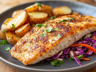 Exquisite Fish Fillet: A Culinary Masterpiece with Potatoes and Vibrant Slaw, a Symphony of Flavors and Textures on a Plate, Healthy and Delicious!