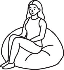 woman sitting on a beanbag chair line art, black outline, vector and illustration, coloring book page line art drawing