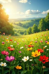 Fototapeta premium Sun-drenched meadow, vibrant wildflowers bloom , ecology, petal, yellow