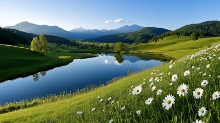 Tranquil landscape with blooming flowers, serene lake, and distant mountains during late afternoon in a pristine valley