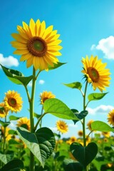 Obraz premium Tall sunflowers against a clear blue sky, lush green foliage, design, day