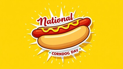 Corndog illustration: vibrant yellow background, sunburst, red text, mustard drizzle. National Corndog Day, stylized icon, white outline, bright colors, festive, clean vector design.