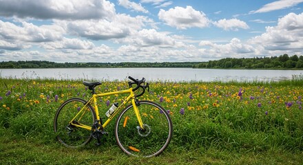 Fototapeta premium Yellow bicycle near colorful wildflowers by serene lake under cloudy sky