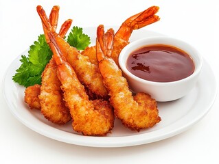 Crispy breaded shrimp served on a white plate with dipping sauce and garnish