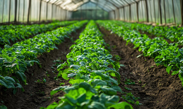 Sustainable agriculture practices showcased on world environment day greenhouse vegetable farming eco-friendly methods lush environment ground-level view