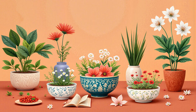 Colorful Uzbek bowls with flowers in cozy nook, warm invitation