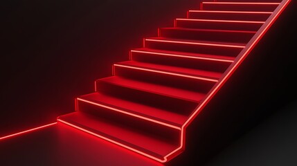 Red neon stairs ascend against a dark backdrop, creating a futuristic design