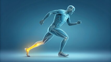 A runner's powerful stride, muscles and bones revealed, highlighting the intricate human anatomy in motion against a serene blue backdrop.