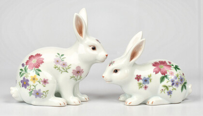 Porcelain rabbits with floral patterns on white backdrop, decorative art