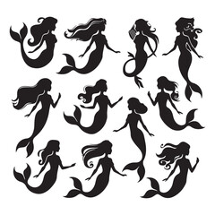  set of vector icon mermaid silhouette