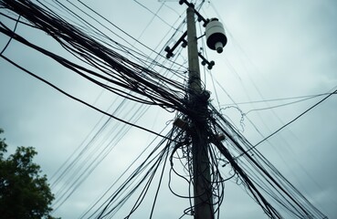 Fototapeta premium Tangled electric communication wires against sky. Wires connect to pole creating chaotic mess. Overloaded infrastructure, city electric system. Danger of electrocution. Problem with old communication