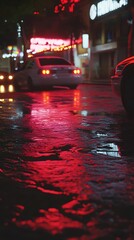 Cars driving on a wet street at night, with reflections and neon signs in the background
