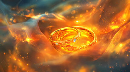 Intertwined gold rings nestled in soft silk, warm lights. Fairy Rings. Illustration