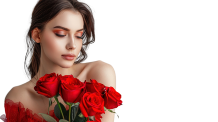 Beautiful woman holding red roses with transparent background