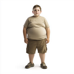 Obese young boy in shorts. Isolated on white.background.