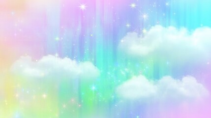 Fototapeta premium Pastel Rainbow Sky with Clouds and Stars - A Dreamy Background