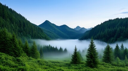 Fototapeta premium Breathtaking morning mist settles over lush forested mountains near a tranquil valley