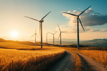 Obraz premium Eine Allee von Windkraftanlagen entlang einer Landstraße, umgeben von goldenen Weizenfeldern in der Abendsonne