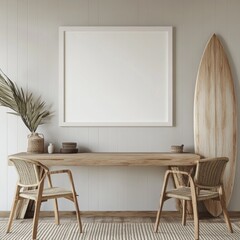 Coastal living room with blank canvas.  A minimalist, light-filled space with a wooden table and rattan chairs