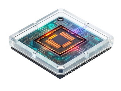 close up view of microchip in transparent casing, showcasing intricate circuitry and colorful lights - Powered by Adobe