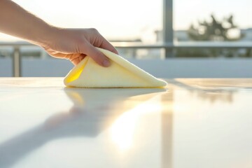 close-up of hand wiping kitchen counter with bright yellow microfiber cloth emphasizing clean surface and shiny finish