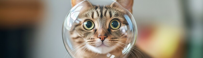 Cat s face reflecting in a floating food bubble, playful and dreamy composition