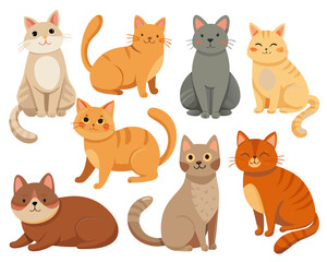 A collection of playful cartoon cats in various simple and friendly poses, showcasing adorable pet actions.

