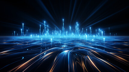 Glowing blue bars on the dark background,  abstract, banner, no people, glow, game design, neon, ai 