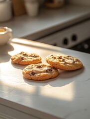 Golden Hour Chocolate Chip Cookies: A Trio of Sweet Delights on Marble Surface, Warm Sunlight, Freshly Baked, Perfect for Dessert, Snack, or Sweet Treat