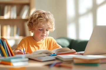 cozy homeschooling environment featuring child studying with books and globe in brightly lit room