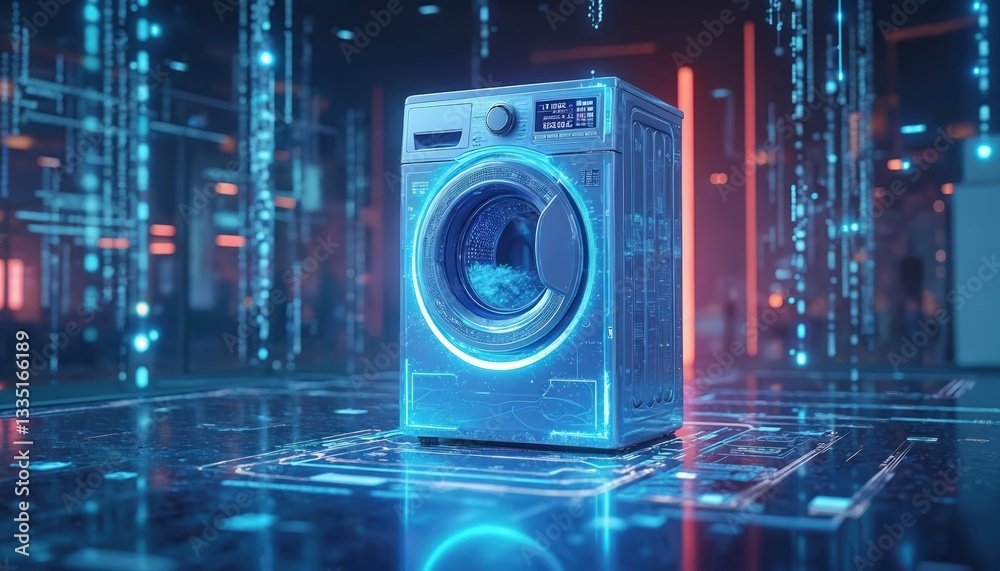 Fototapete ai enhanced washing machine amid digital data streams in futuristic tech environment. smart applianc