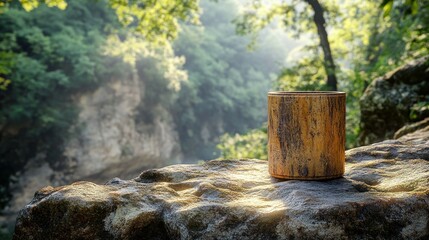 Fototapeta premium Wooden cup on a rock overlooking a sunlit forest canyon