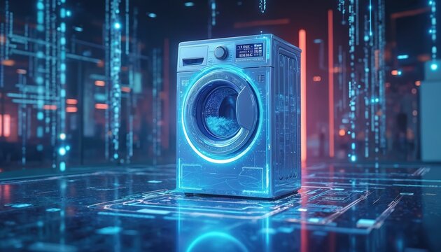 AI enhanced washing machine amid digital data streams in futuristic tech environment. Smart appliance automation user interface connectivity, sustainability, with electronic household cleaning