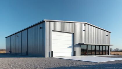 Fototapeta premium Modern steel building with garage door, glass windows against clear blue sky. Industrial architecture for storage, workshop, warehouse, business. Contemporary design for functional, efficient,