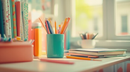 Fototapeta premium A colorful workspace setup with pencils books and other stationery items