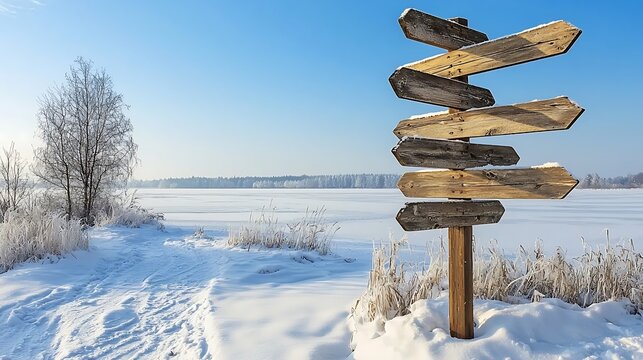 Wooden signpost at frozen lake, winter landscape