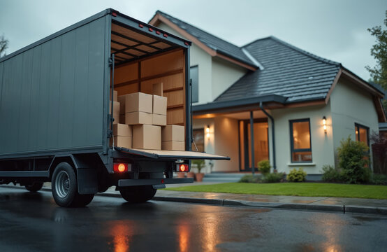 Delivery truck unloads boxes near modern home on rainy day. Residential logistics, moving service. Transport van with cardboard boxes arrives at house entrance. Safe local delivery on wet street.