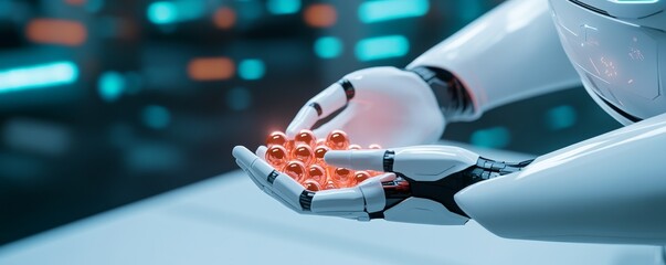 Futuristic AI-controlled robotic feeder dispensing glowing nutrient spheres