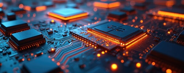 Close-up of futuristic CPU data processing on illuminated blue, orange motherboard. Electronic circuit board, computer chips, microchips connection show innovation, high tech power, integrated