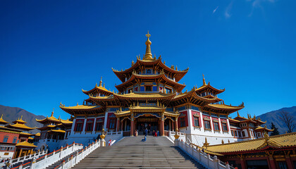 Naklejka premium Majestic Tibetan Temple with Golden Roofs Against a Clear Blue Sky