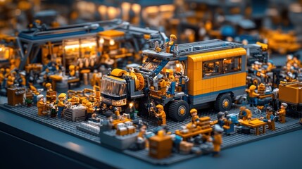 Busy elves at the Christmas toy factory packing toys into boxes while a giant machine whirls in the background